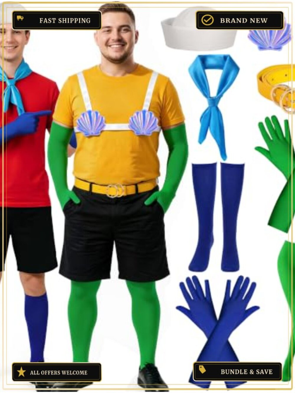 Couples Halloween Costume Set 8PC Seashell Bra Hat Gloves Belts Adults